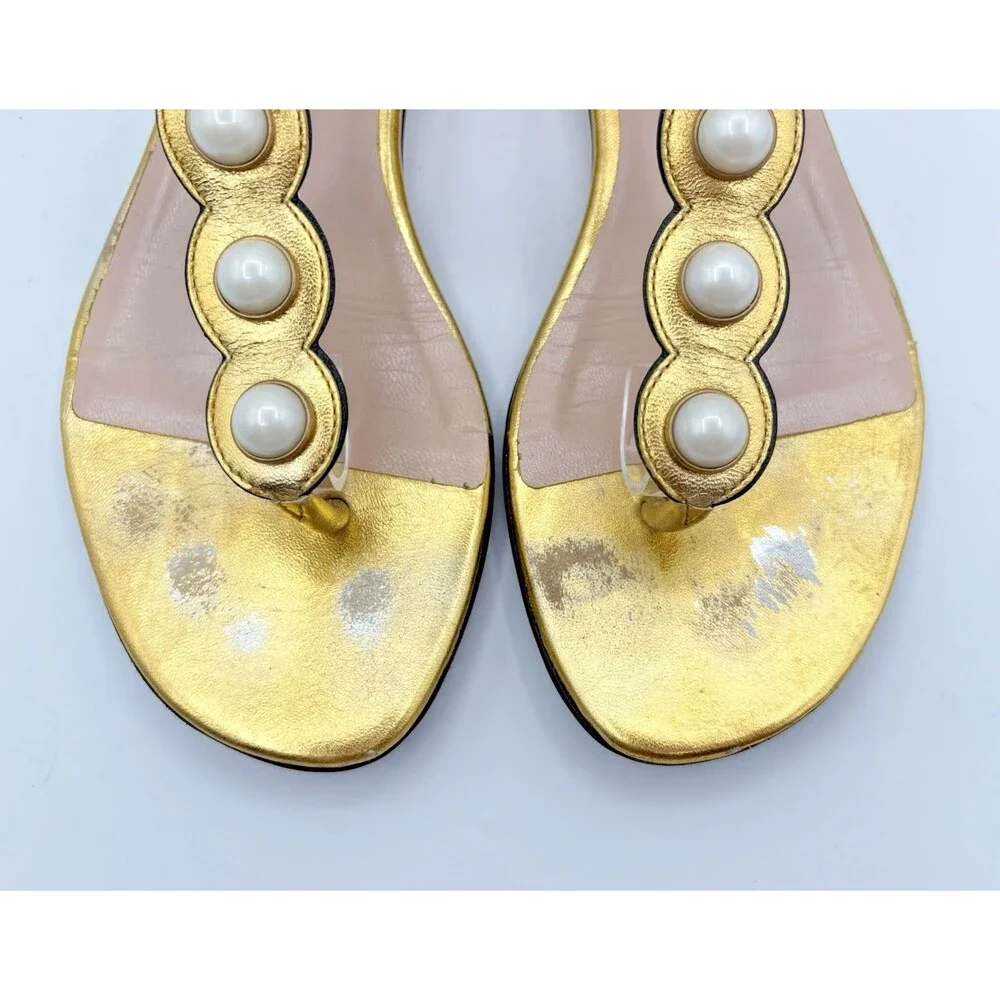 Gucci Gold Leather Pearl Embellished Willow T Strap Flat Sandals Size EU 38
